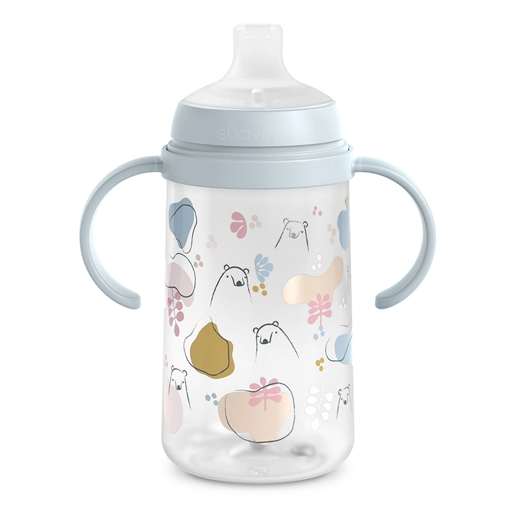 Biberon d'Apprentissage Suavinex First avec Anses et Bec Silicone Anti-Colic 270ml – Bleu – 6M+