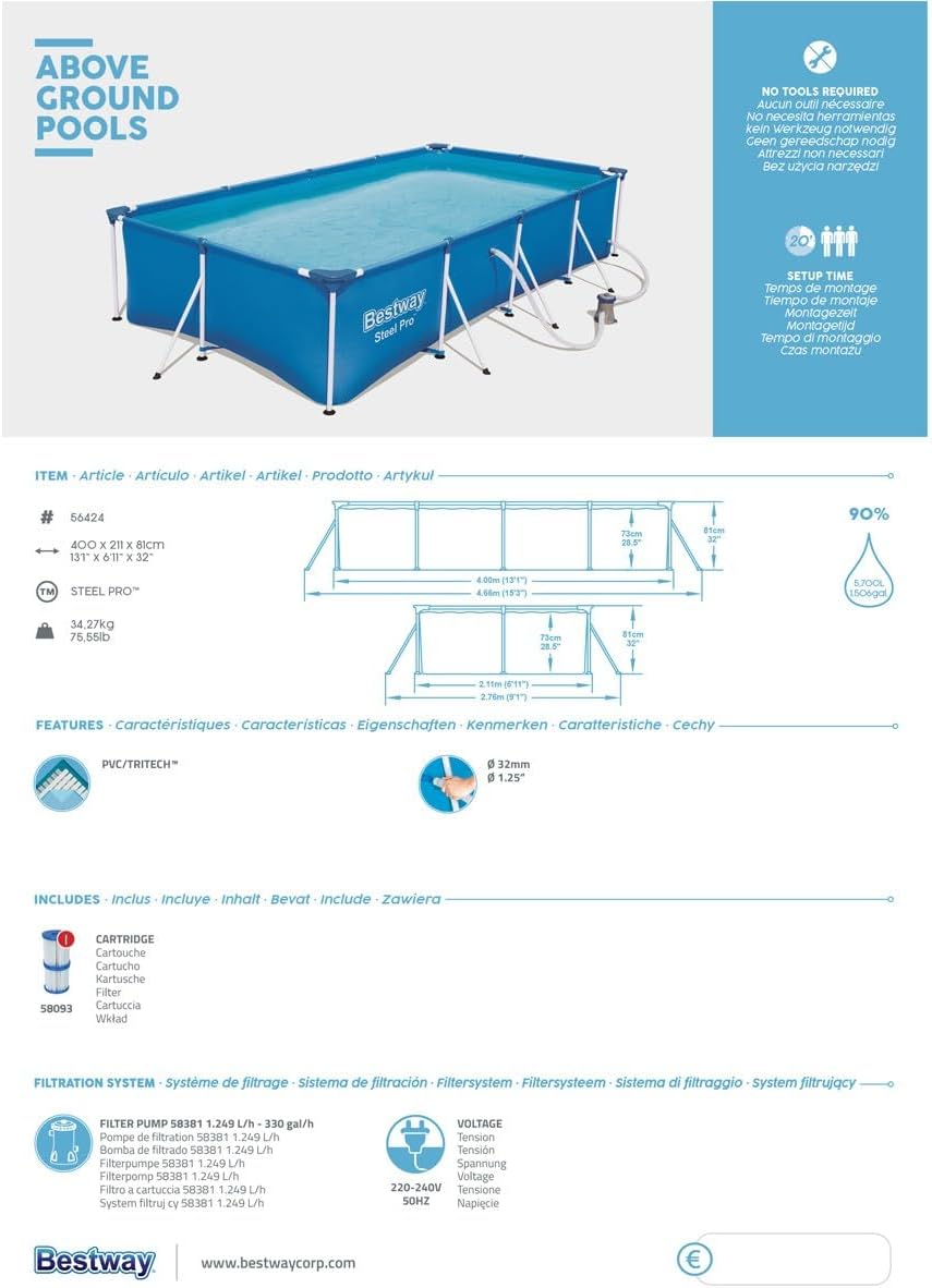 Piscine Hors Sol Rectangulaire – Bestway Steel Pro™ 400 x 211 x 81 cm