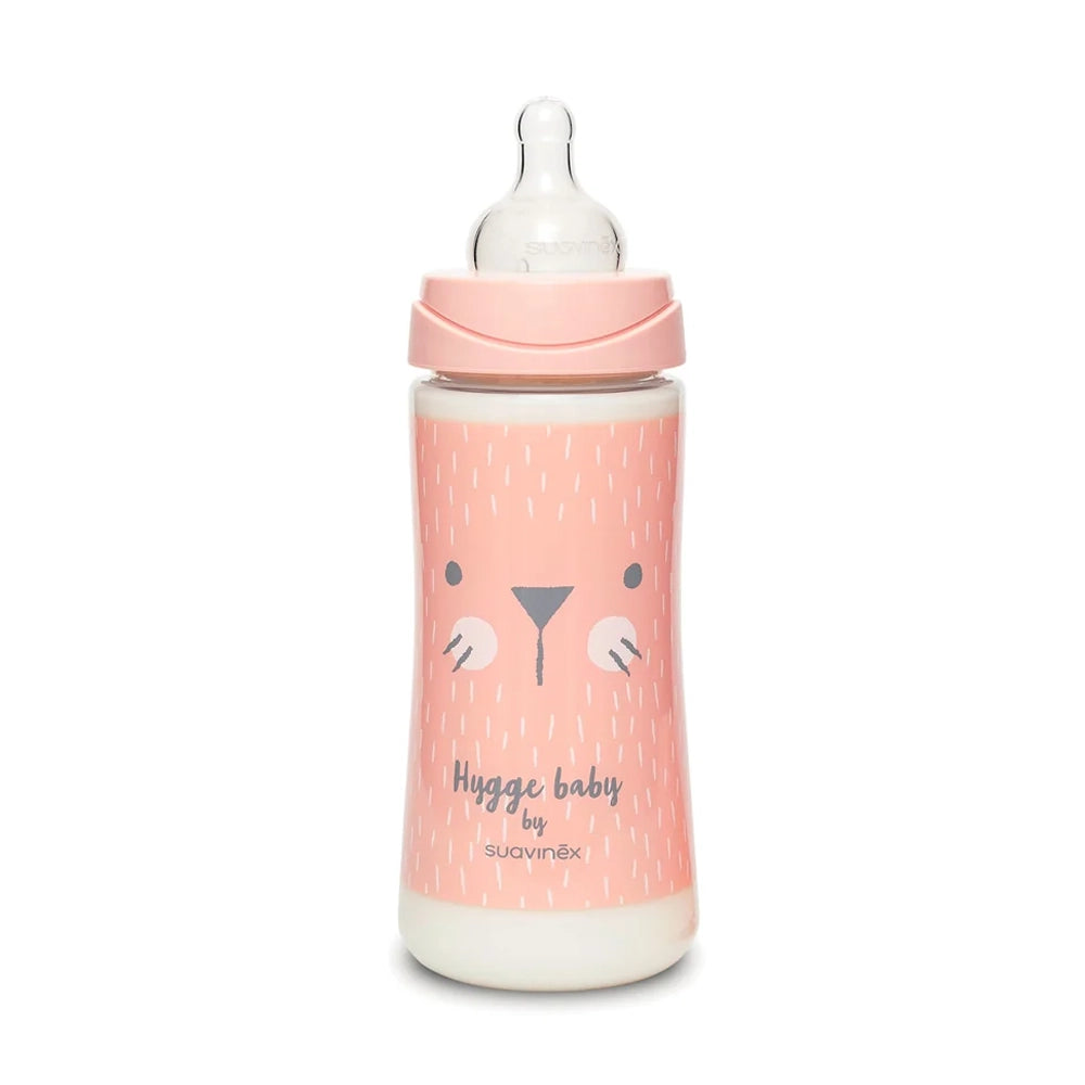 Biberon avec Tétine Ronde Débit Rapide 360ml - Lapin Rose- +4M - Suavinex
