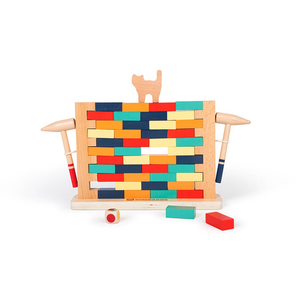 Jeu d'Adresse en Bois Save the Cat – Mur de Blocs Colorés et Marteau