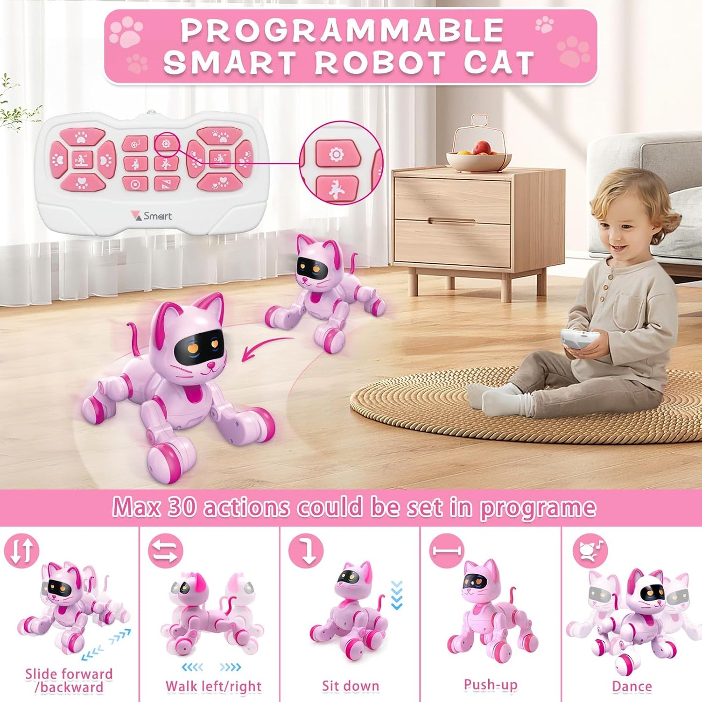 Robot Chat Télécommandé – Jouet STEM Programmable avec LED et Musique