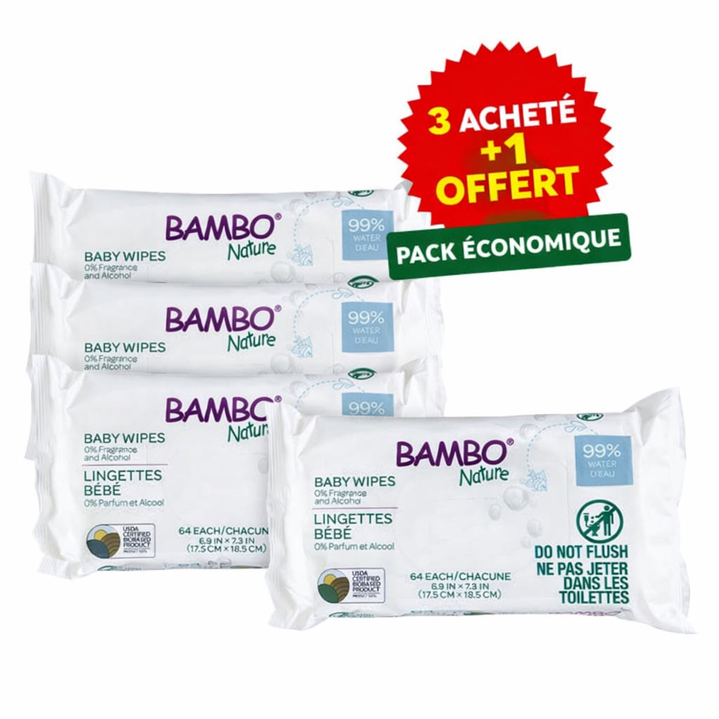 Pack 3 Acheté + 1 Offert – Bambo Nature Lingettes à l’Eau 64 Unités