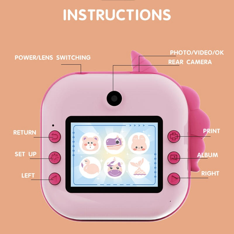 Appareil Photo pour Enfants avec Impression Instantanée (Stickers + Feutres)