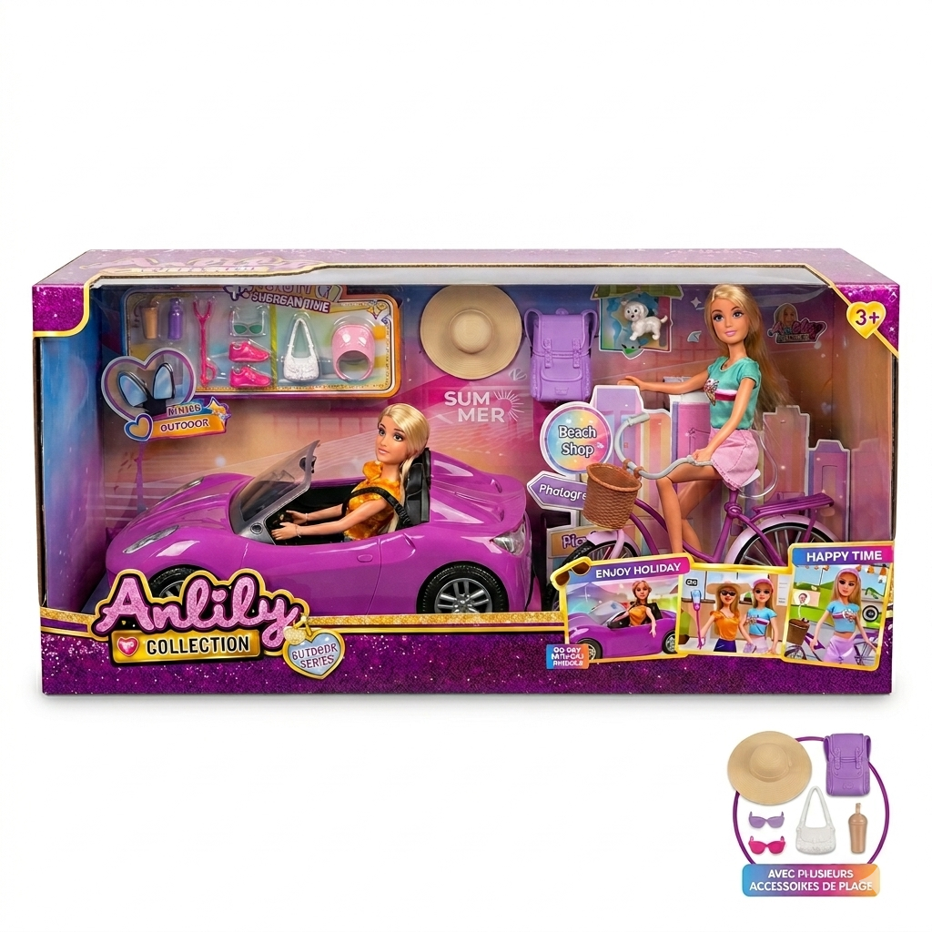 Poupées Anlily Vacances d'Été – Coffret Cabriolet et Vélo