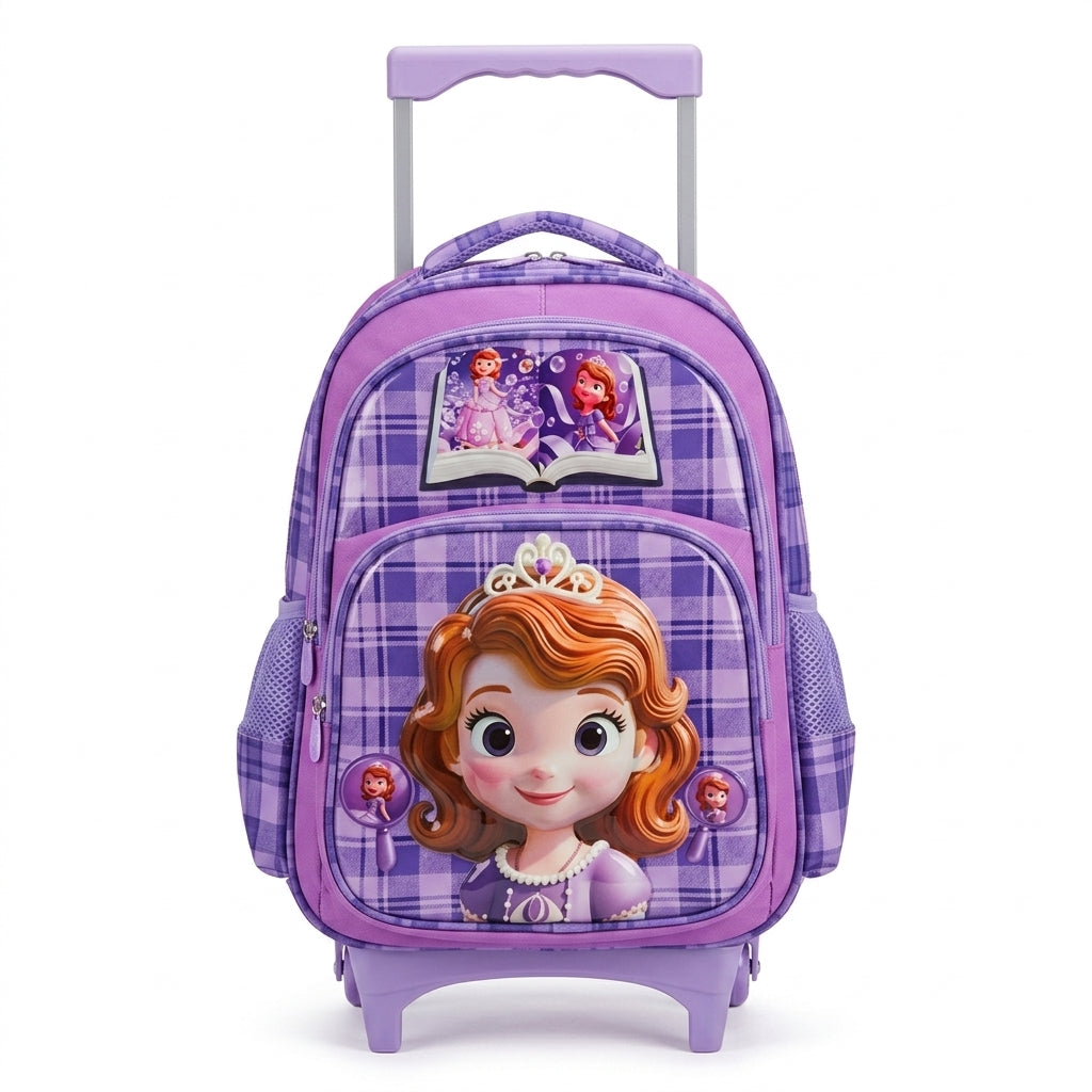 Cartable Trolley Princesse Sofia Écossais Violet – Set avec Trousse Assortie