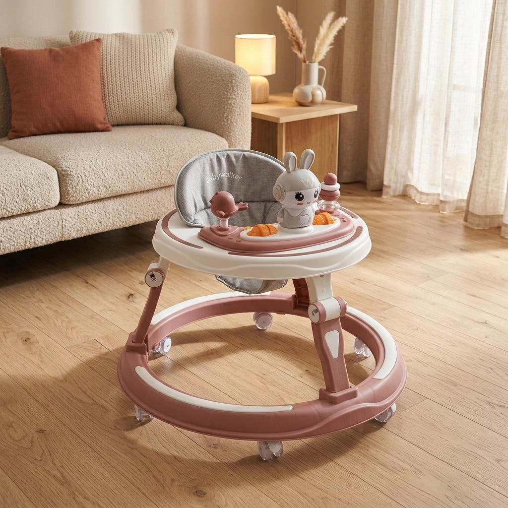 Trotteur Bébé avec Lapin et Plateau de Jeux avec Musique – Rose