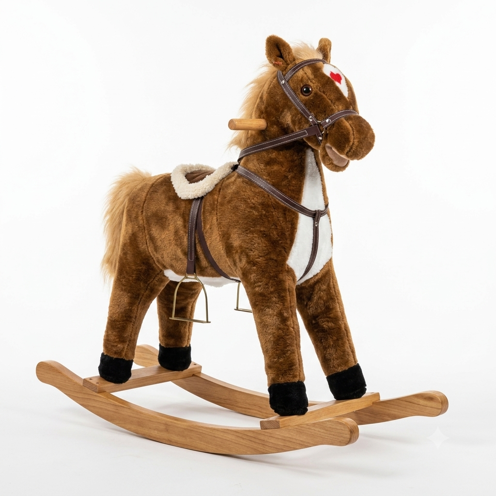 Grand cheval à bascule en peluche - Marron, selle et étriers