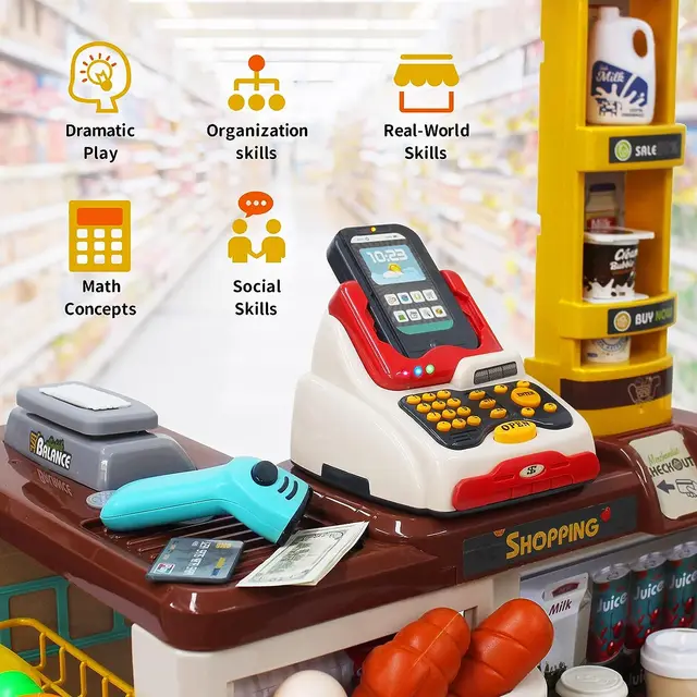 Supermarché Jouet avec Caisse et Chariot – 48 Pièces