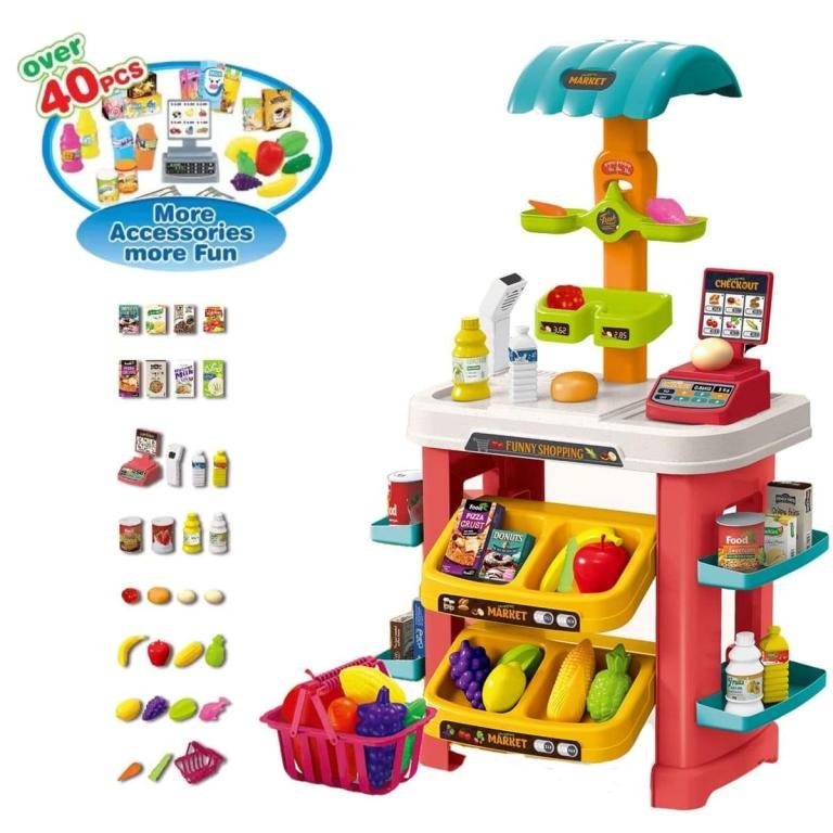 Stand Marché / Jouet Épicerie avec Caisse et Panier – Fruits & Légumes