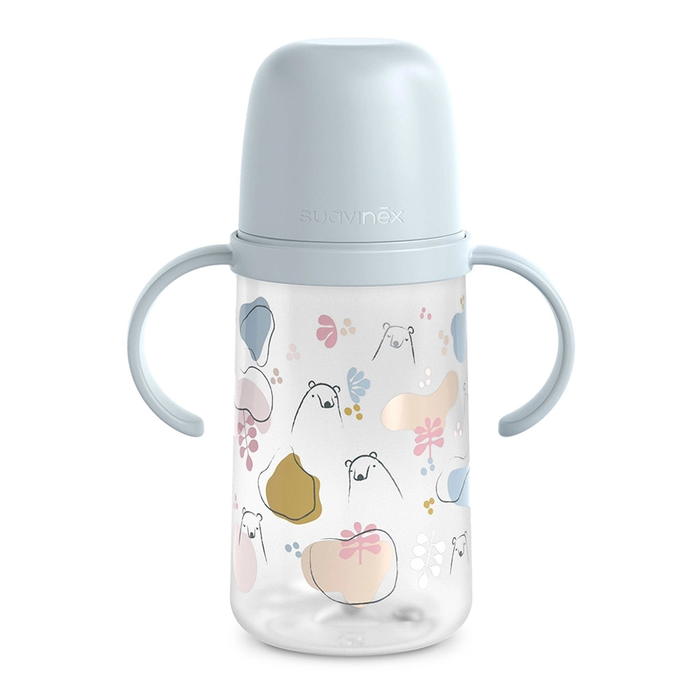 Biberon d'Apprentissage Suavinex First avec Anses et Bec Silicone Anti-Colic 270ml – Bleu – 6M+