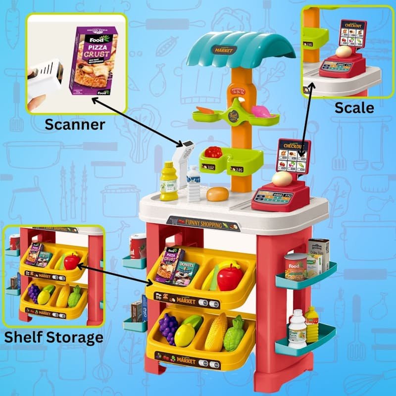 Stand Marché / Jouet Épicerie avec Caisse et Panier – Fruits & Légumes