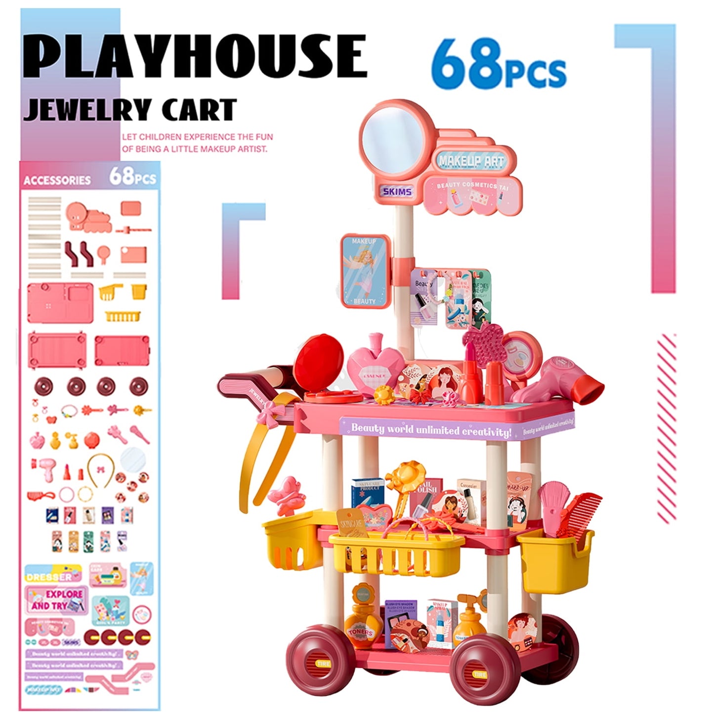 Coiffeuse Jouet Fille 68PCS avec Chariot – Kit Maquillage & Princesse