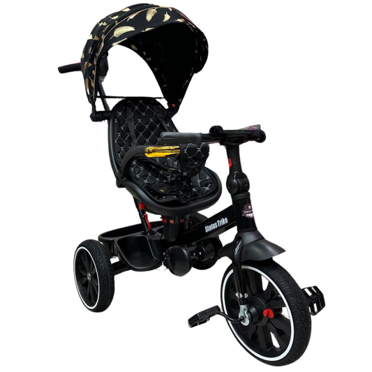 Tricycle évolutif luxe avec auvent motif plumes – Noir et or