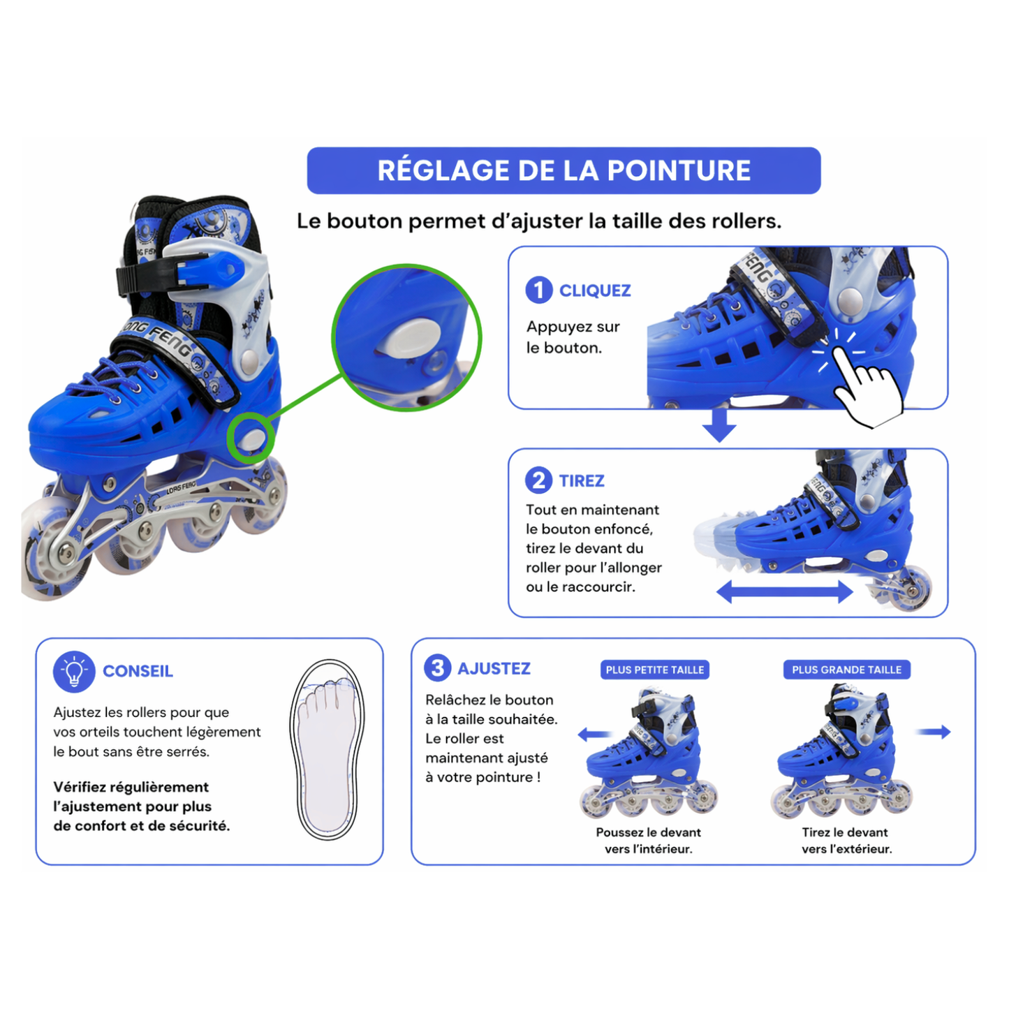 Rollers Évolutifs Bleu + Kit de Protection Complet