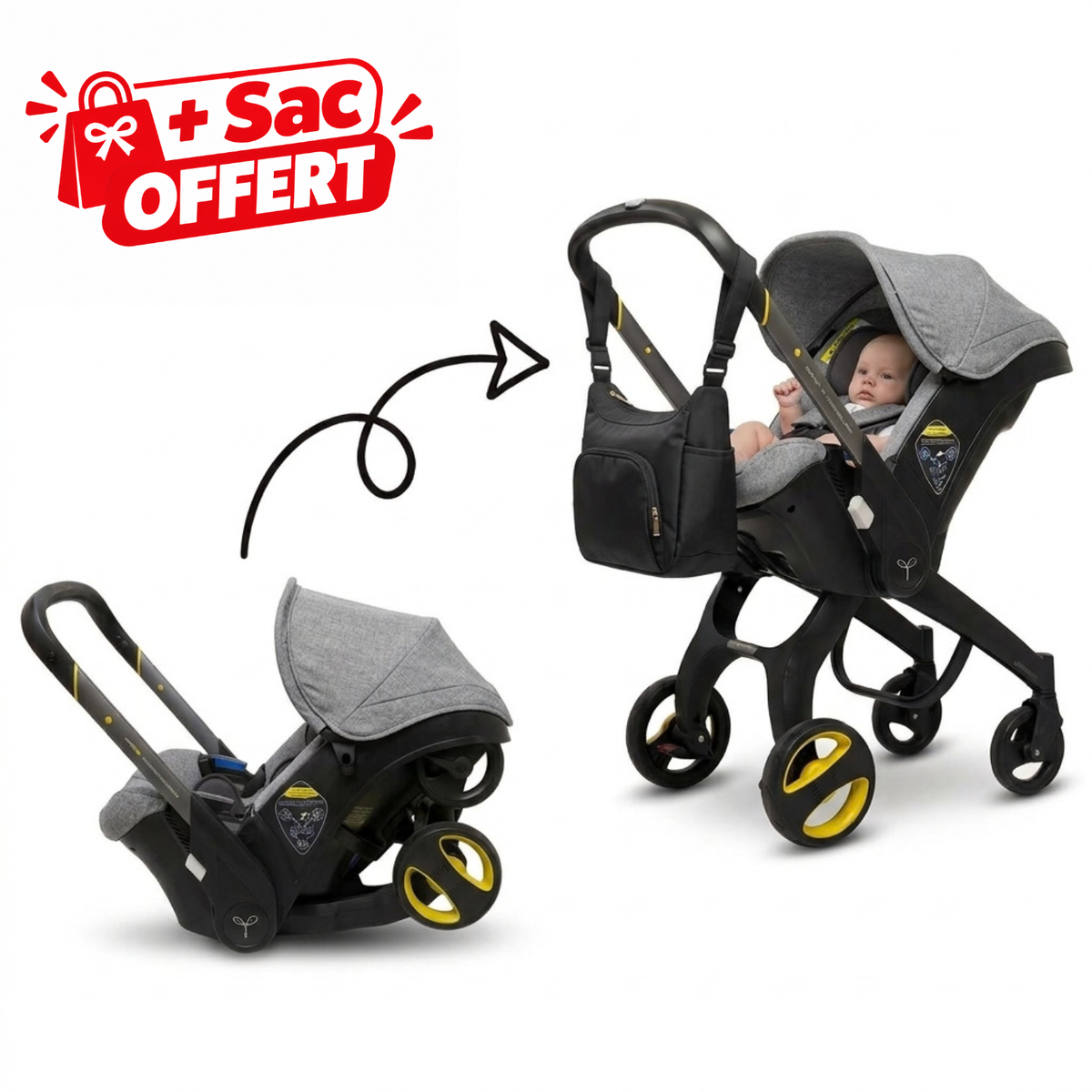 Poussette Siège Auto 2 en 1 Transformable + Sac Offert