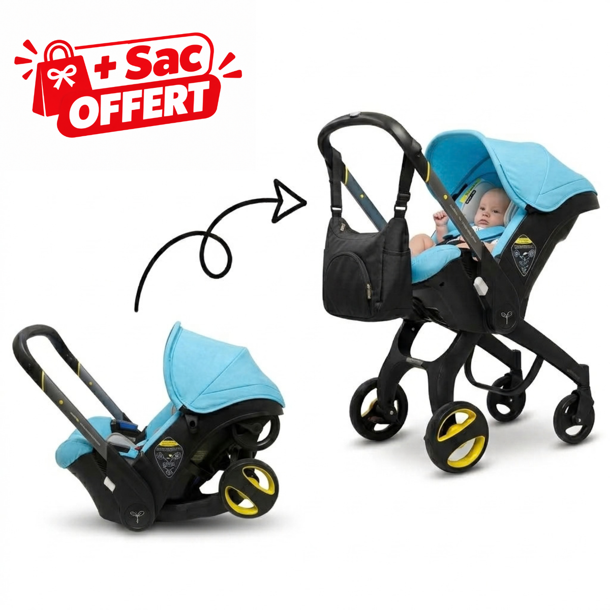 Poussette Siège Auto 2 en 1 Transformable + Sac Offert