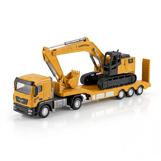 Camion MAN Plateau Jaune + Pelleteuse Jaune – Alliage 1:32