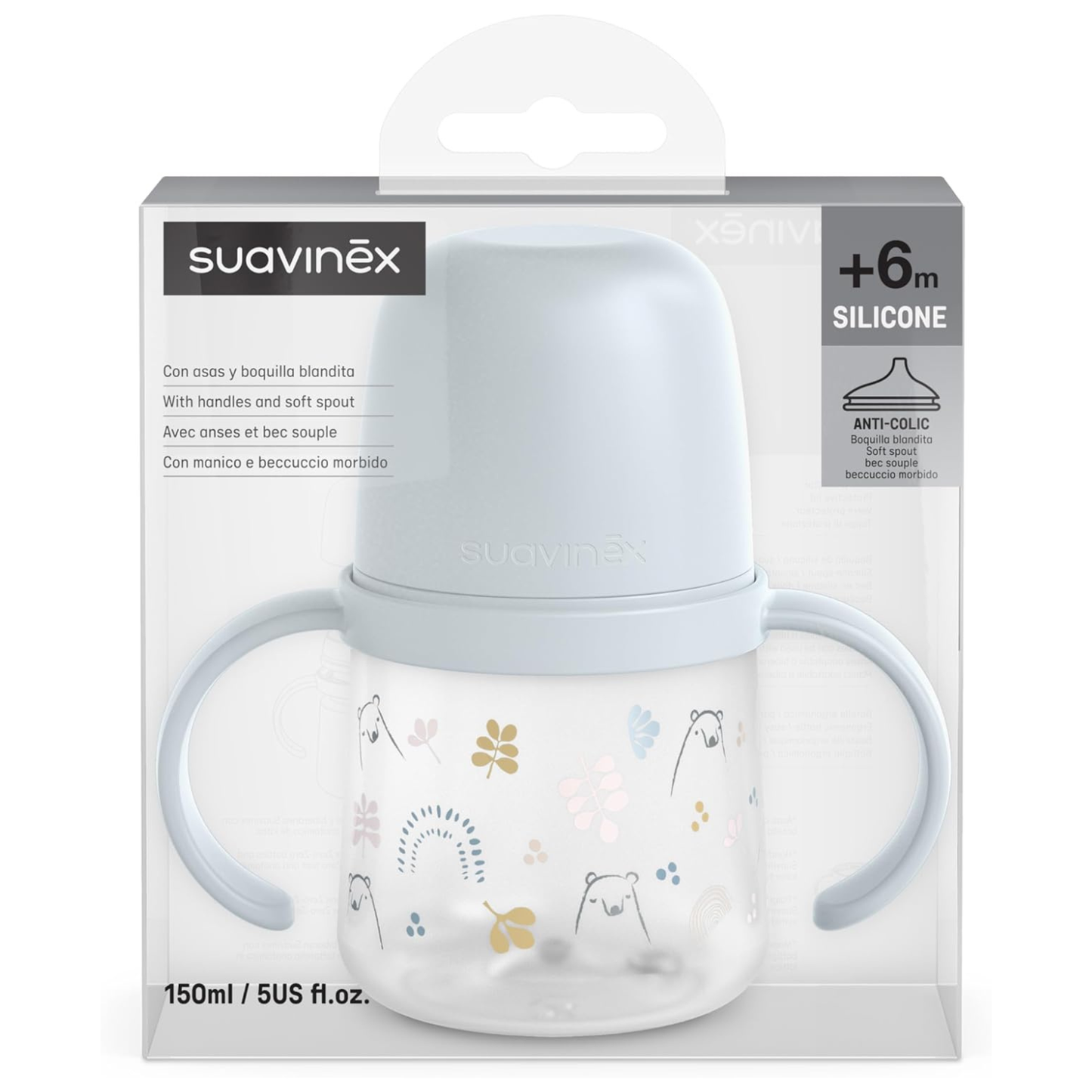Tasse d'Apprentissage Bleu Suavinex avec Bec Silicone et Anses – 150ml – Ours Bleu