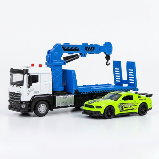 Camion Dépanneuse Blanc + Grue Bleue + Voiture Sport Verte – Alliage 1:32