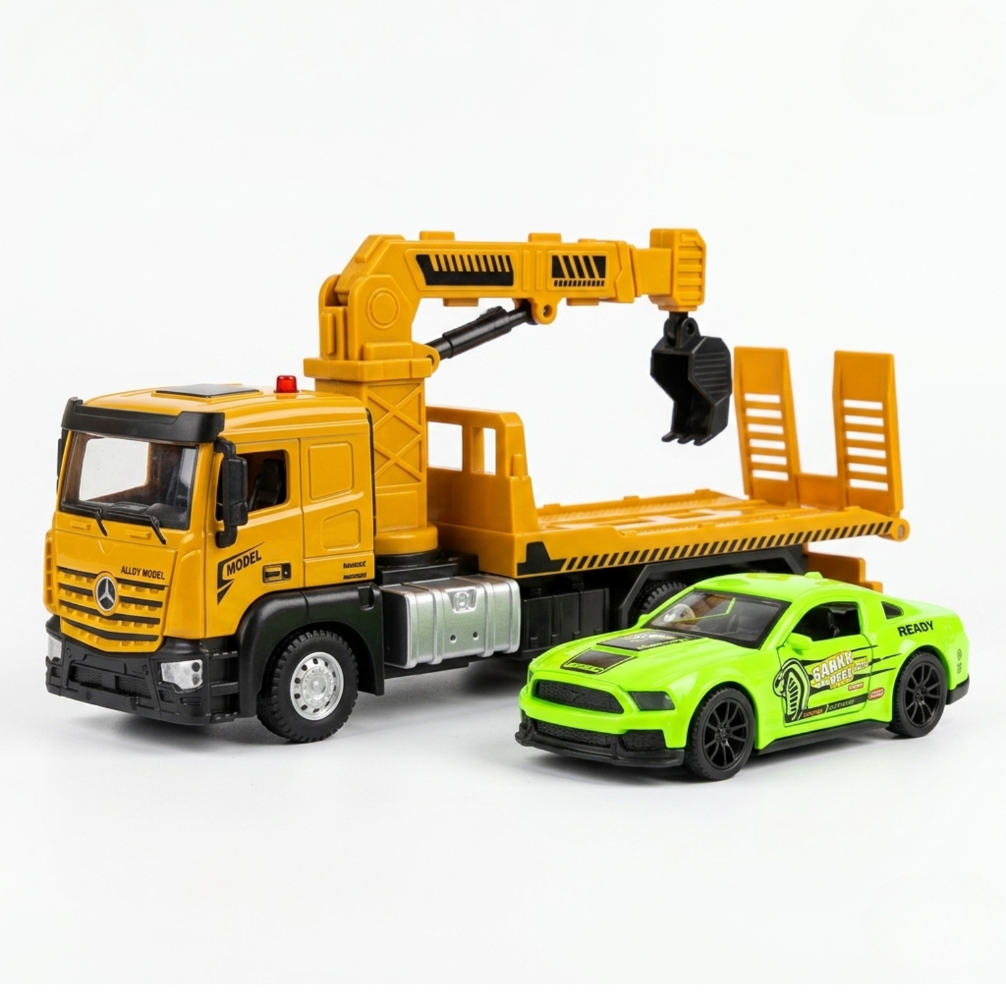 Camion Dépanneuse Jaune + Grue + Voiture Sport Verte – Alliage 1:32