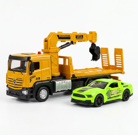 Camion Dépanneuse Jaune + Grue + Voiture Sport Verte – Alliage 1:32