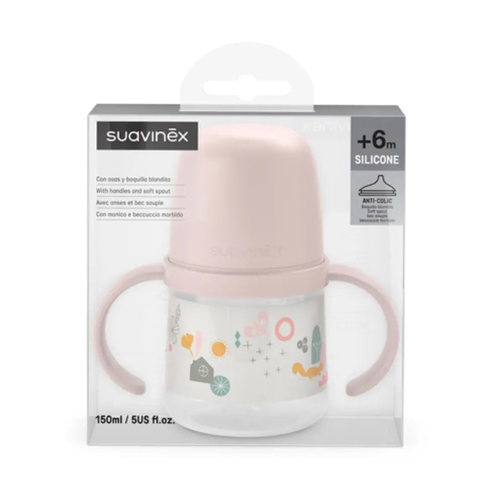 Biberon d'Apprentissage Rose Suavinex avec Anses et Bec Silicone Anti-Colic – 150ml