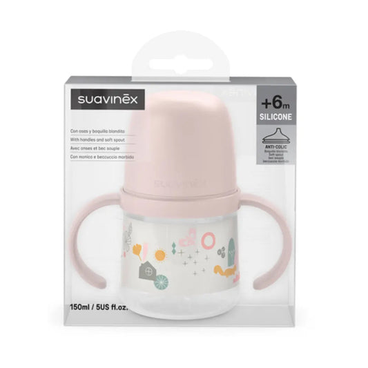Biberon d'Apprentissage Rose Suavinex avec Anses et Bec Silicone Anti-Colic – 150ml