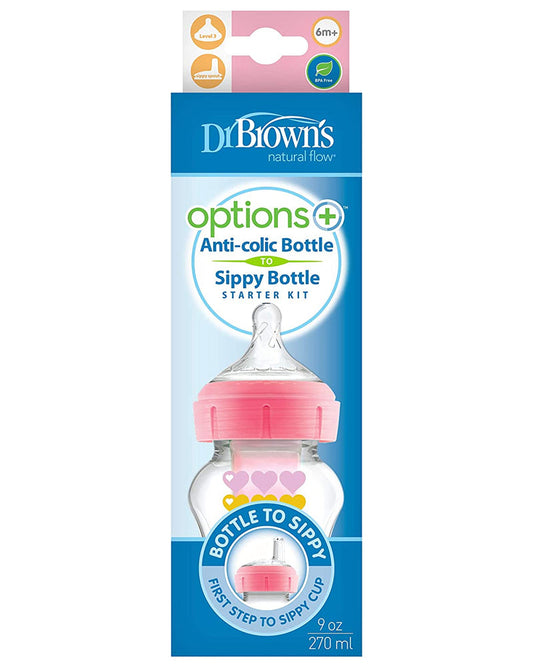 Dr. Brown’s Biberon de transition 270 ml col large Rose 6M+ (Sippy + tétine L3)