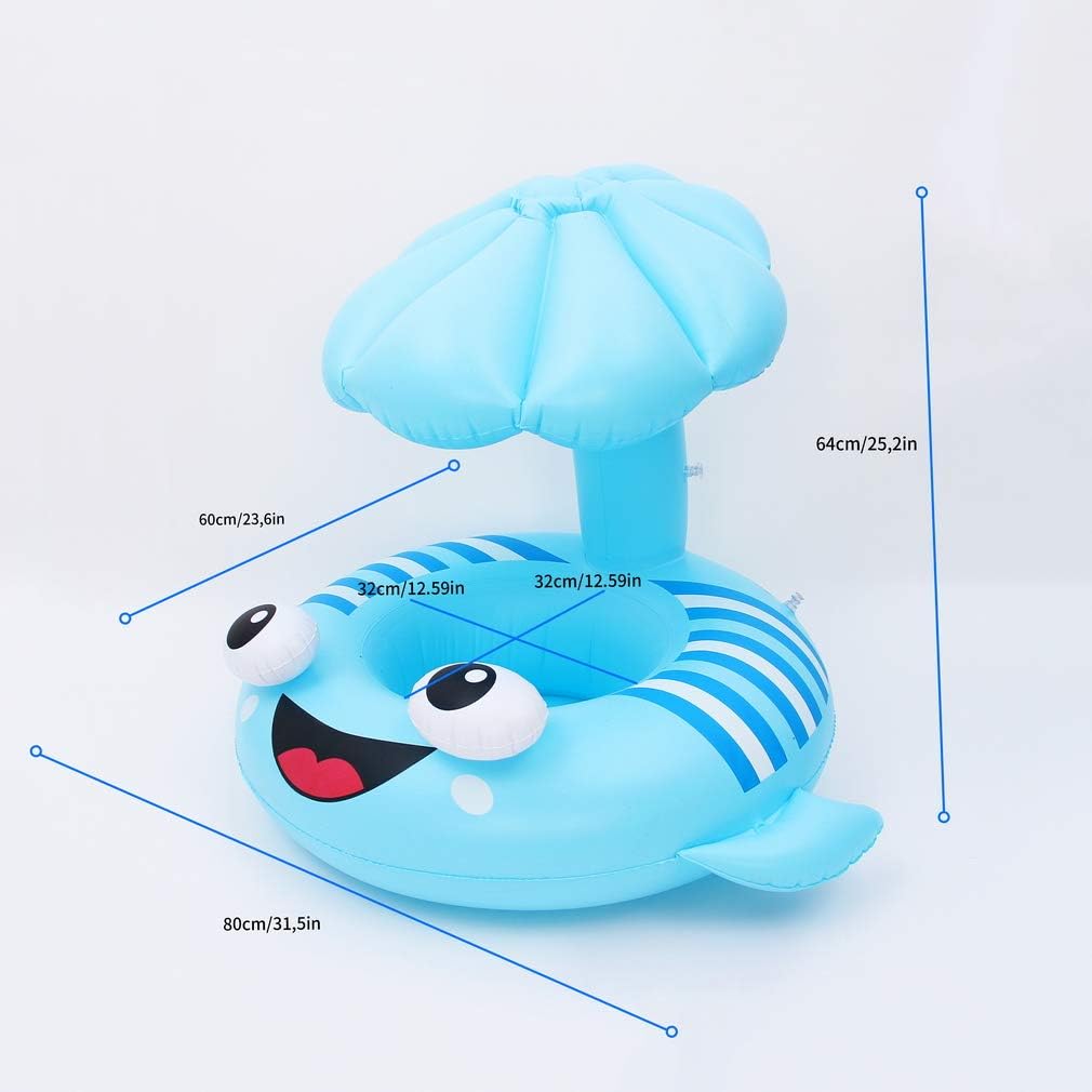 Bouée Siège Bébé avec Auvent Anti-Soleil – 3D Flétan Cartoon - Bleu