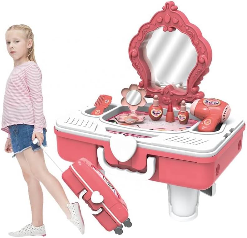 Coiffeuse portable pour enfants avec miroir et valise à roulettes