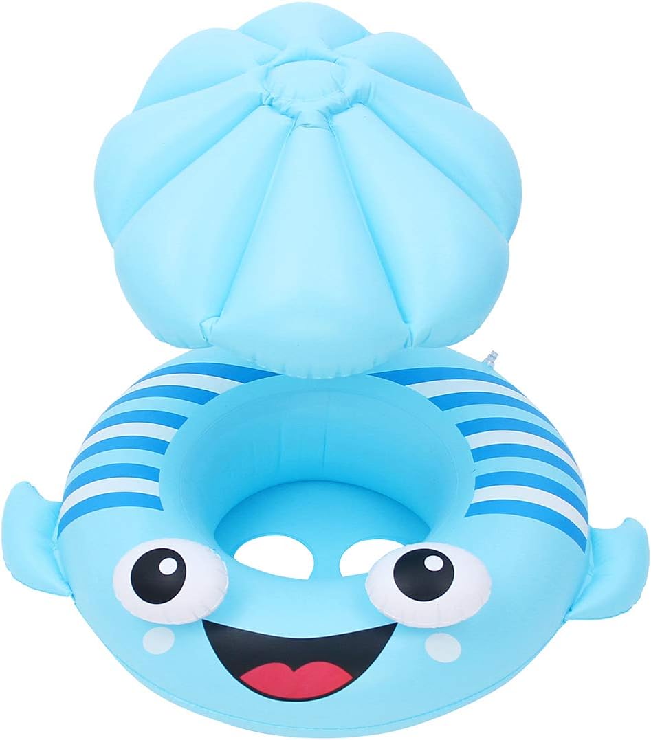 Bouée Siège Bébé avec Auvent Anti-Soleil – 3D Flétan Cartoon - Bleu
