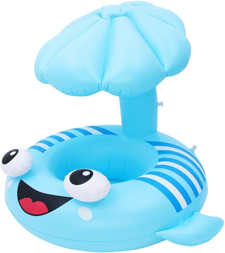 Bouée Siège Bébé avec Auvent Anti-Soleil – 3D Flétan Cartoon - Bleu