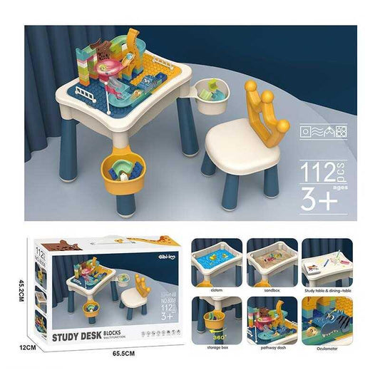 Table avec Jeu de Construction – 106 Éléments + Chaise &amp; Planche à Dessin (77 x 53 x 45 cm)