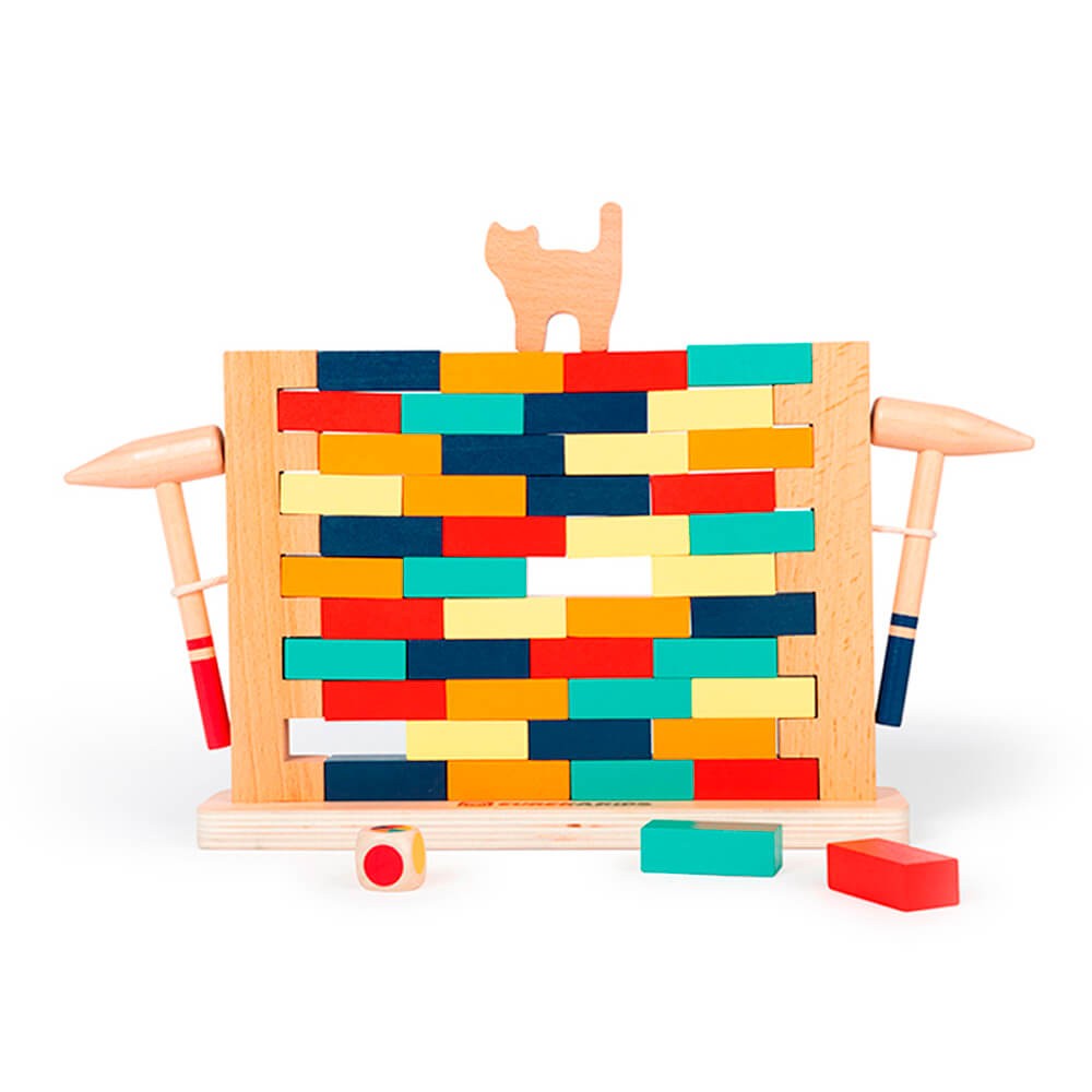 Jeu d'Adresse en Bois Save the Cat – Mur de Blocs Colorés et Marteau