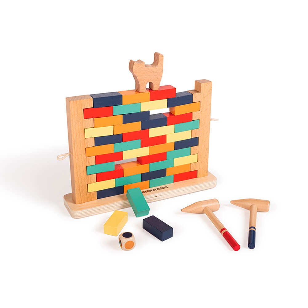 Jeu d'Adresse en Bois Save the Cat – Mur de Blocs Colorés et Marteau