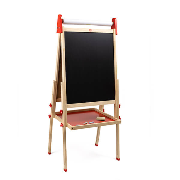 Grand Chevalet en Bois 3 en 1 – Tableau Noir, Tableau Blanc et Rouleau de Papier