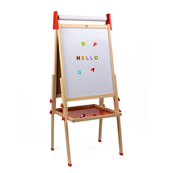 Grand Chevalet en Bois 3 en 1 – Tableau Noir, Tableau Blanc et Rouleau de Papier