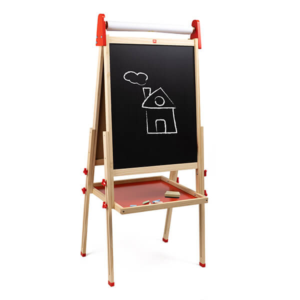 Grand Chevalet en Bois 3 en 1 – Tableau Noir, Tableau Blanc et Rouleau de Papier