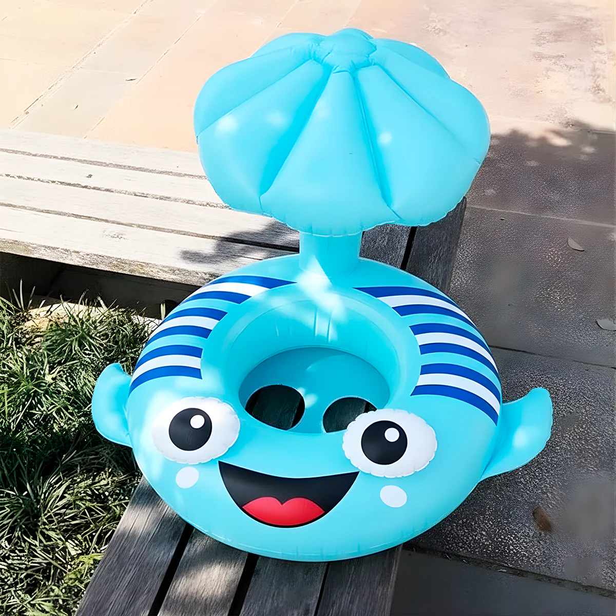 Bouée Siège Bébé avec Auvent Anti-Soleil – 3D Flétan Cartoon - Bleu