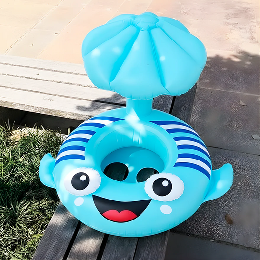 Bouée Siège Bébé avec Auvent Anti-Soleil – 3D Flétan Cartoon - Bleu