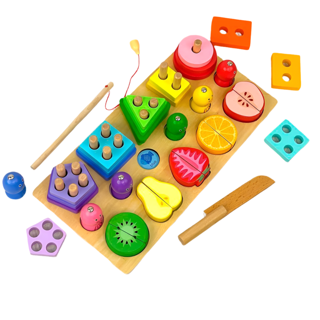 Jeu Éducatif en bois 3 en 1 – Tri des formes et fruits à découper