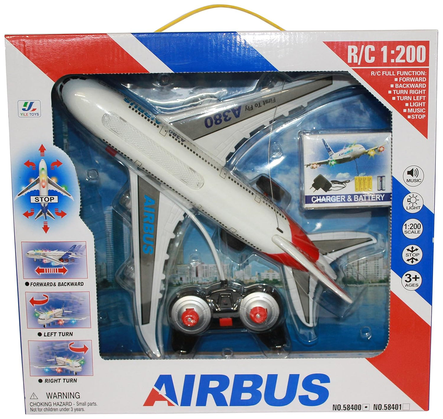 Avion radiocommandé Airbus avec lumière et musique, multicolore