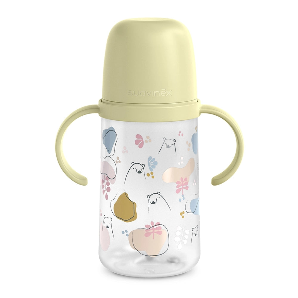Biberon d'Apprentissage Suavinex First avec Anses et Bec Silicone Anti-Colic 270ml – Jaune – 6M+