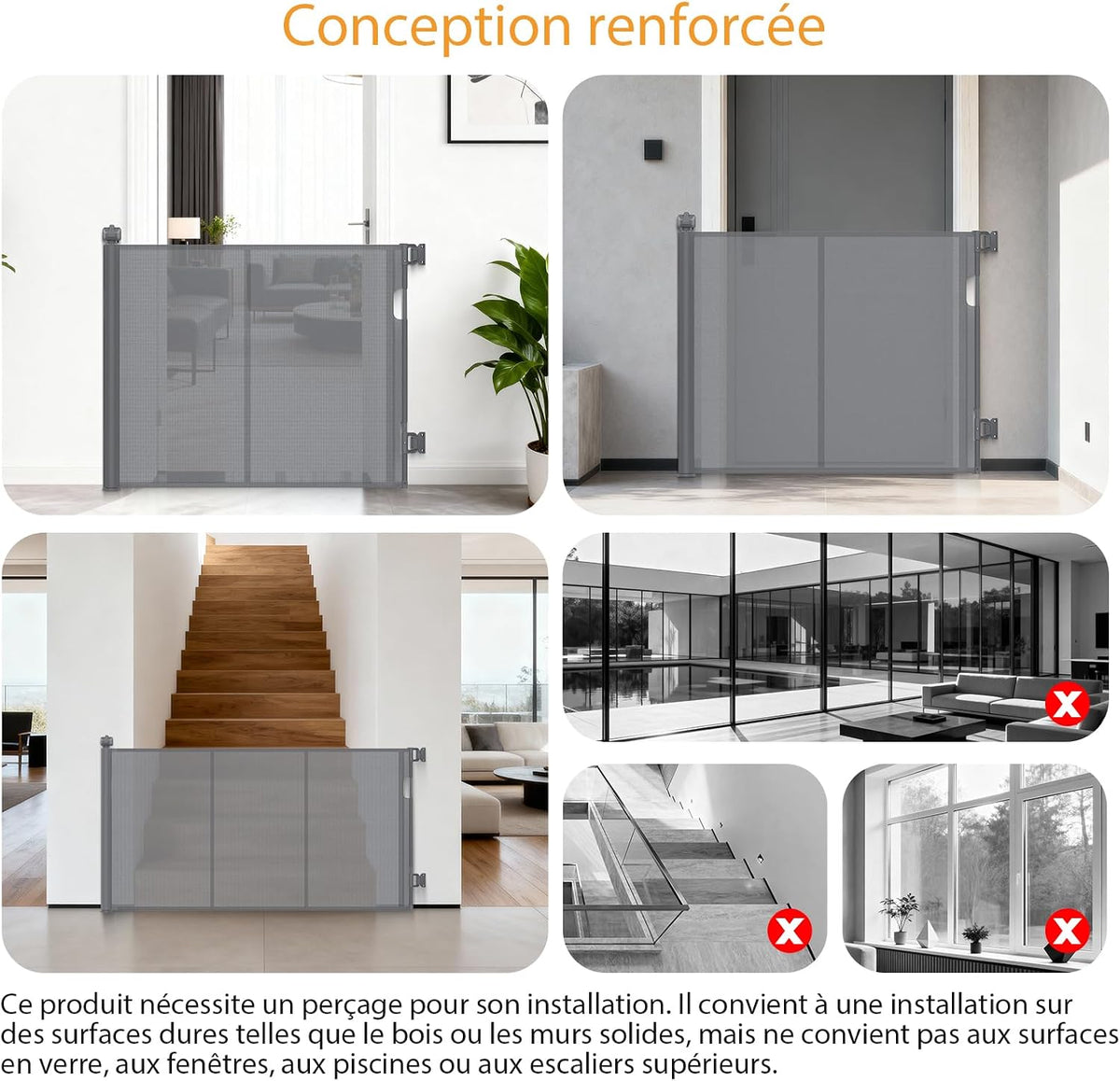 Barrière d’escalier rétractable blanche 140 cm – 86 cm