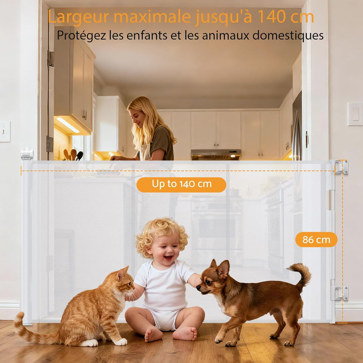 Barrière d’escalier rétractable blanche 140 cm – 86 cm