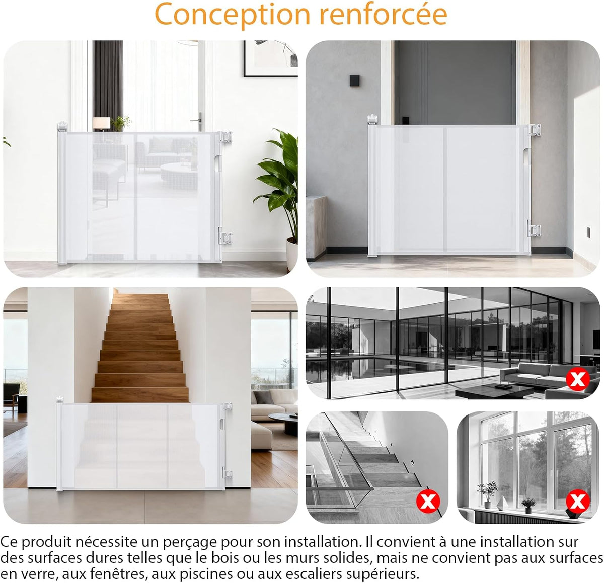 Barrière d’escalier rétractable blanche 140 cm – 86 cm