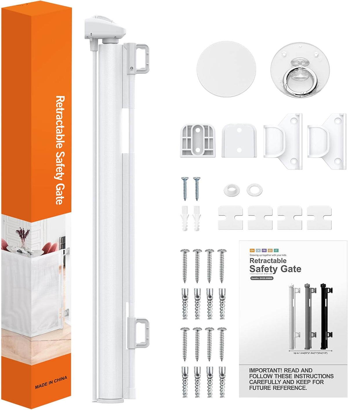 Barrière d’escalier rétractable blanche 140 cm – 86 cm