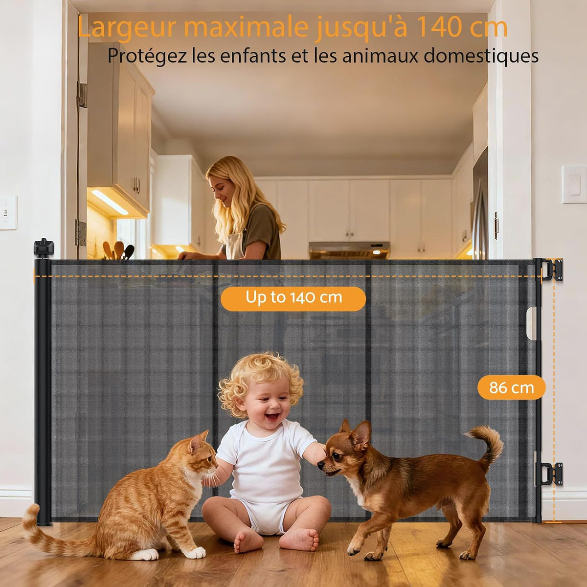 Barrière d’escalier rétractable blanche 140 cm – 86 cm