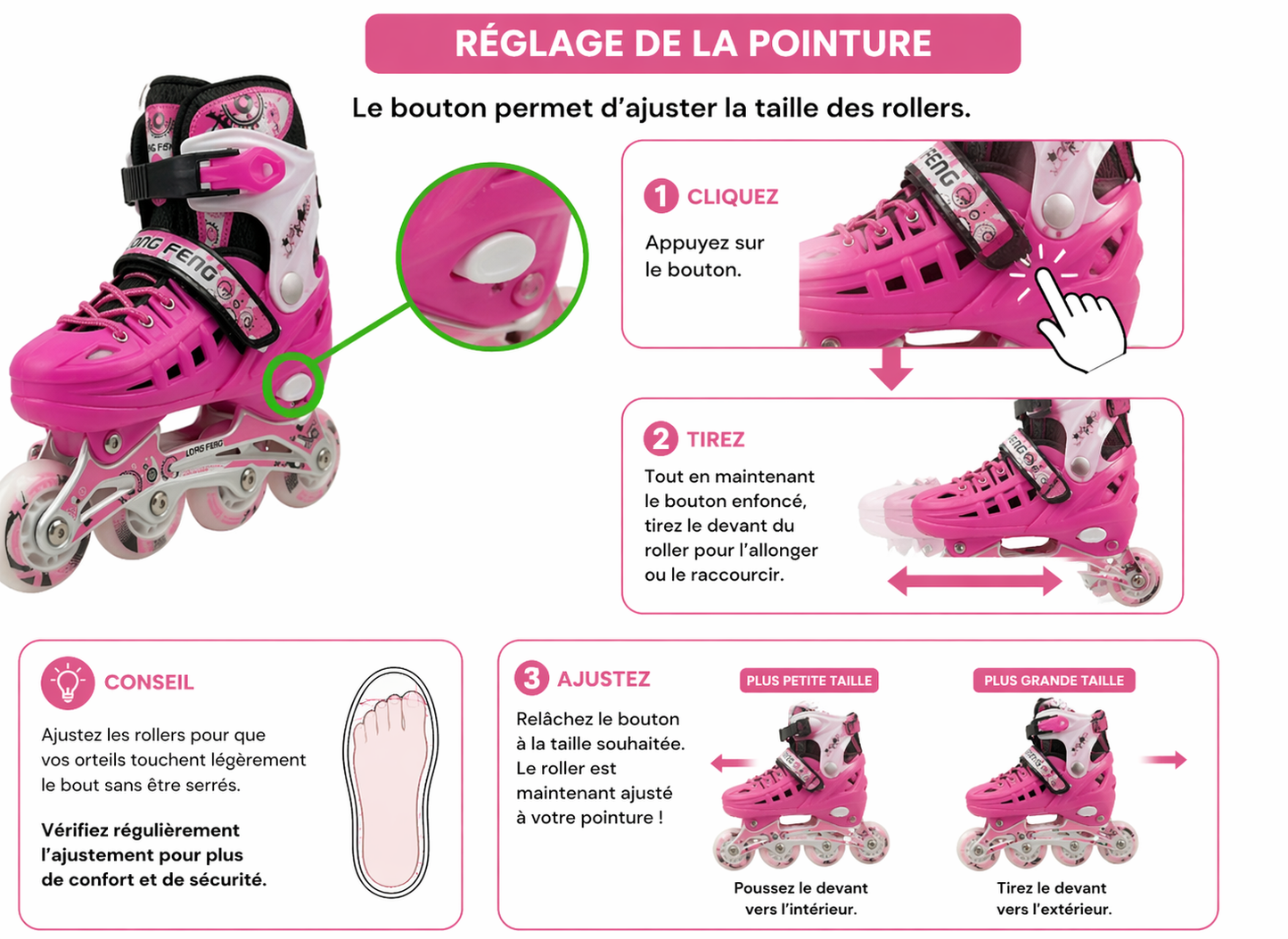 Rollers Évolutifs Rose + Kit de Protection Complet