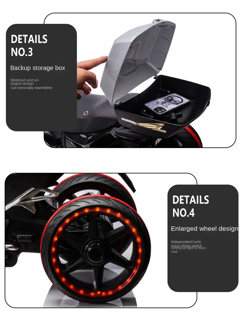Moto Électrique pour Enfants 12V – Bluetooth, LED & Double Moteur